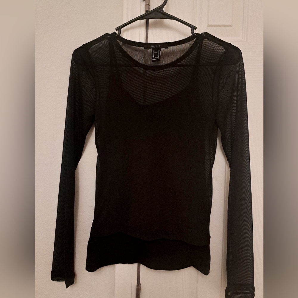 Black Sheer Long Sleeve Top - Small